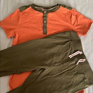 Boys Orange and Green Button-Up Shirt with Pants Set